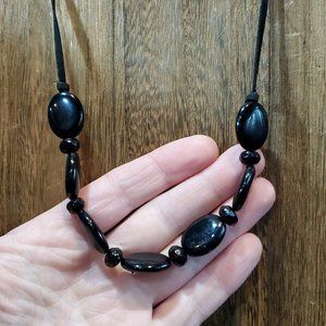 16 Inch 925 Sterling Silver & Cloth Handmade Black Stone Necklace